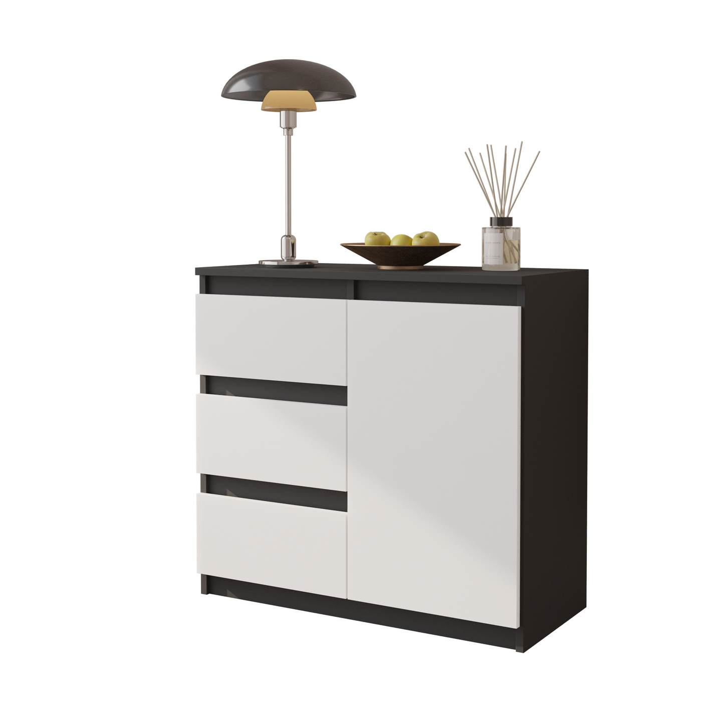 MIKEL - Kommode / Sideboard mit 3 Schubladen und 1 Tür - Anthrazit Grau / Weiß Matt