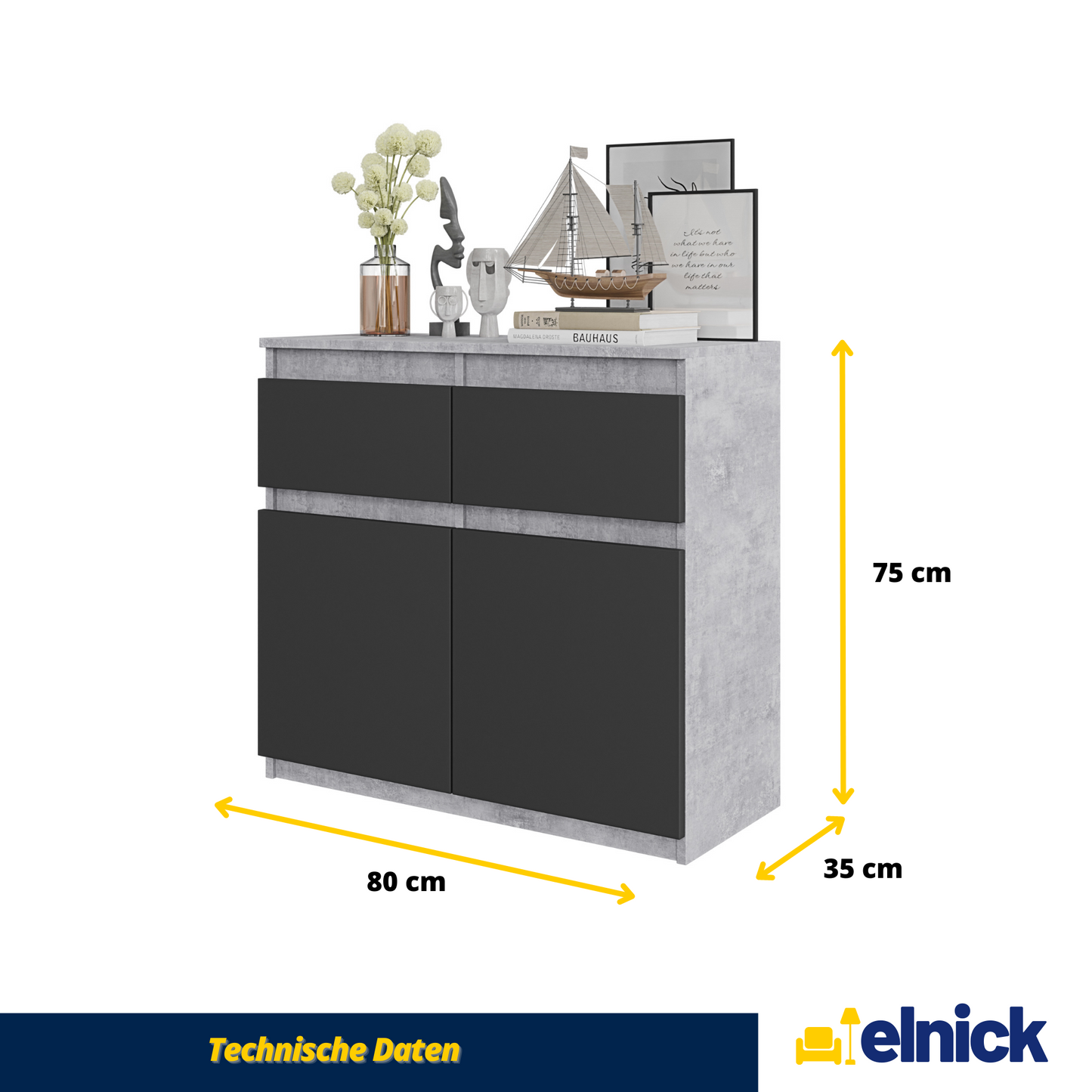 NOAH - Kommode / Sideboard mit 2 Schubladen und 2 Türen - Beton-Optik / Anthrazit Grau