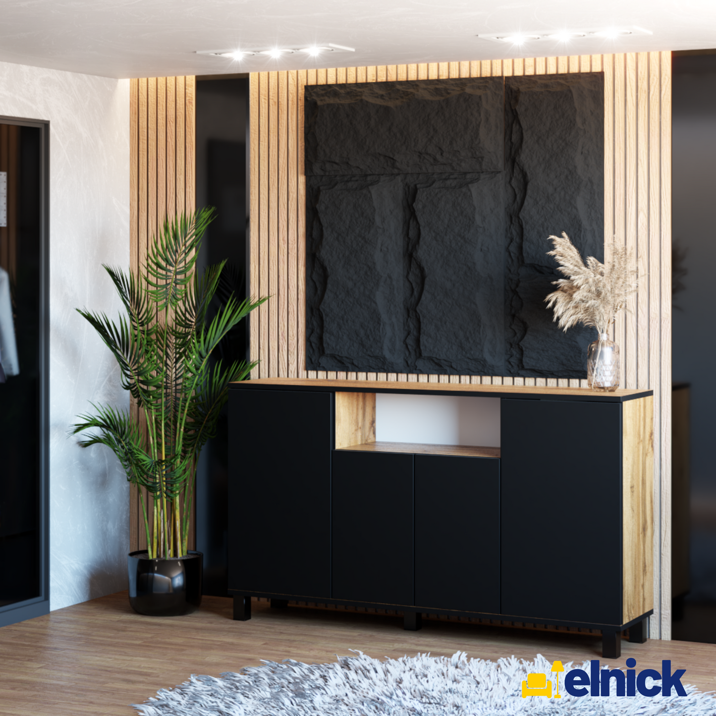 CALVIN – TV-Schrank mit 4 Türen – Wohnzimmer Sideboard - Wotan Eiche / Schwarz Matt