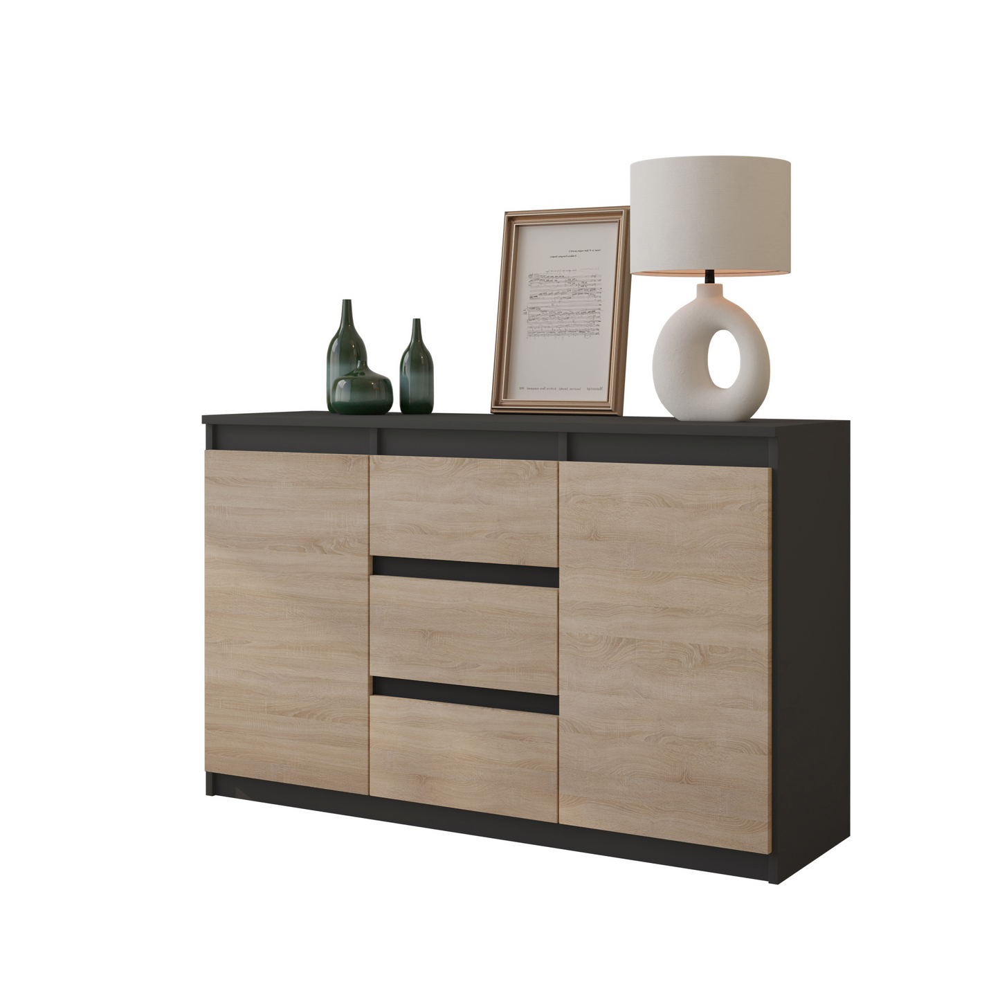 MIKEL - Kommode / Sideboard mit 3 Schubladen und 2 Türen - Anthrazit Grau / Sonoma Eiche