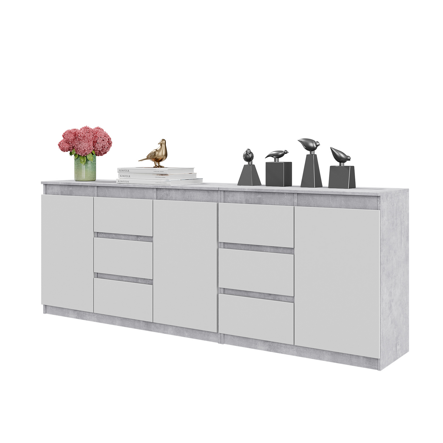 MIKEL - Kommode / Sideboard mit 6 Schubladen und 3 Türen - Beton-Optik / Weiß Matt