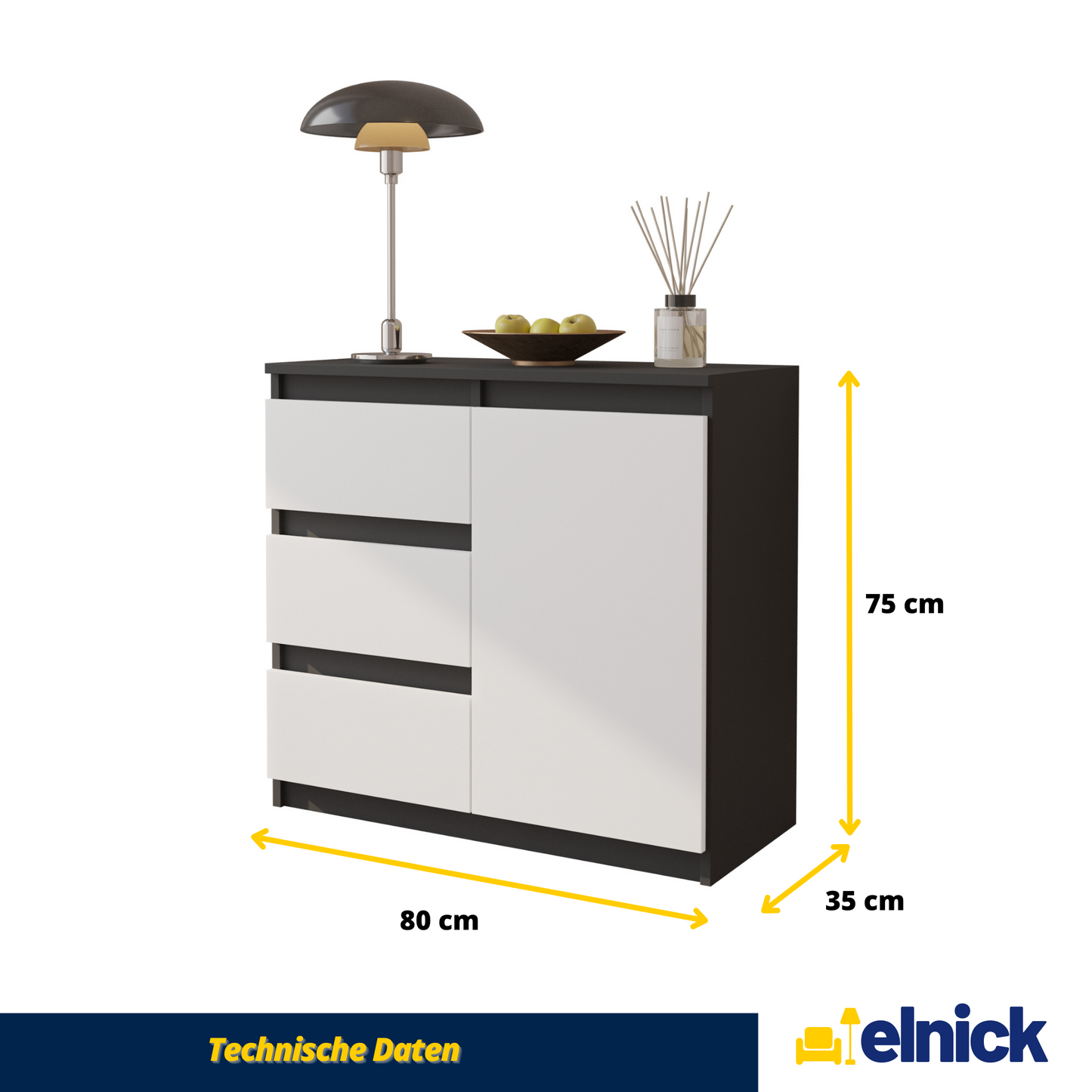 MIKEL - Kommode / Sideboard mit 3 Schubladen und 1 Tür - Anthrazit Grau / Weiß Matt