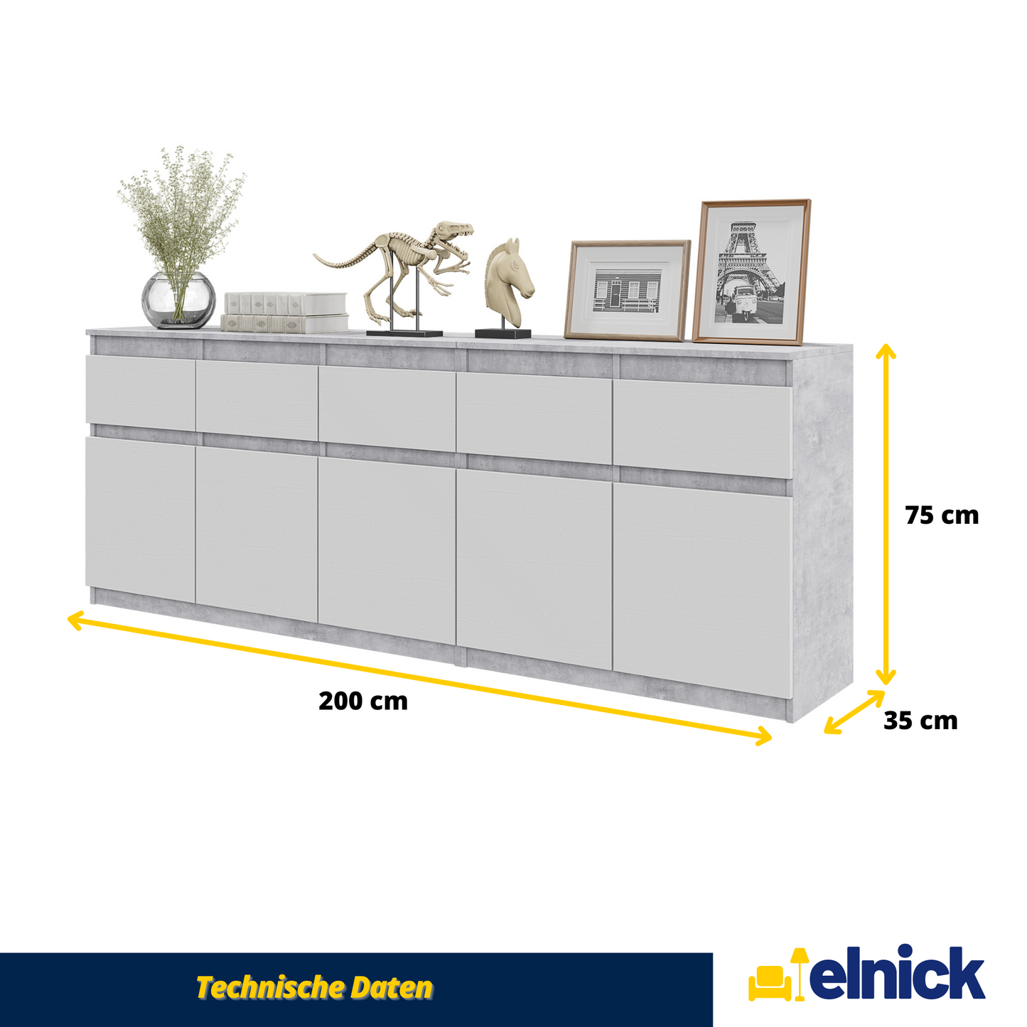NOAH - Kommode / Sideboard mit 5 Schubladen und 5 Türen - Beton-Optik / Weiß Matt