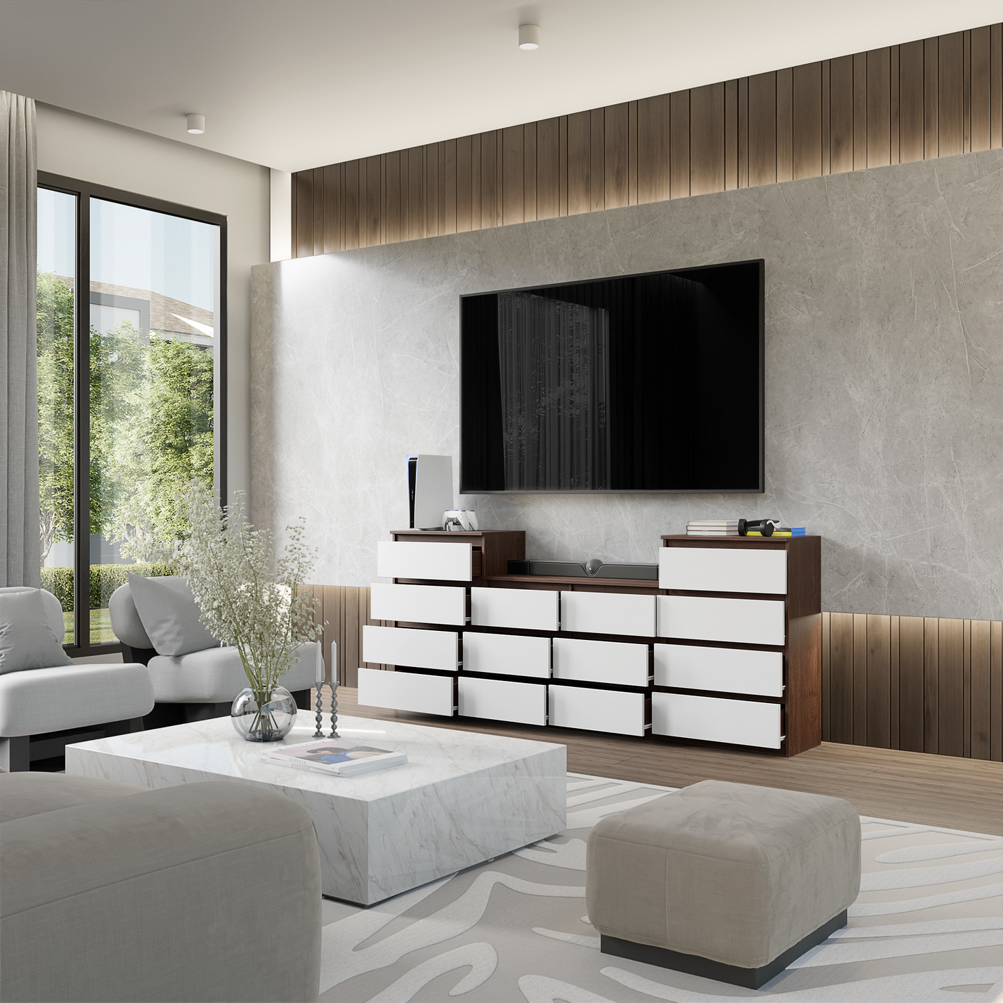 GABRIEL - Kommode / Sideboard mit 14 Schubladen (4+6+4) - Wenge / Weiß Matt
