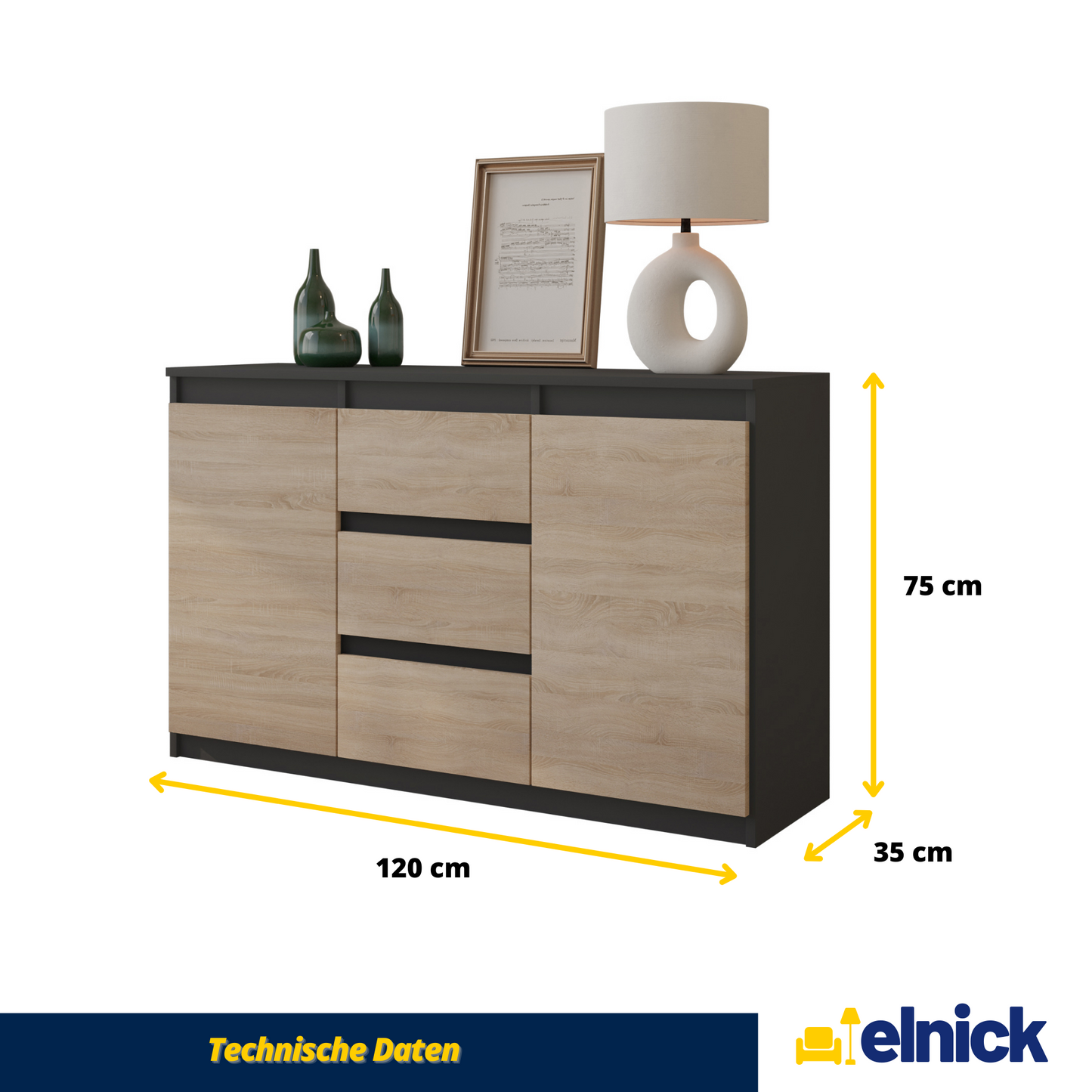 MIKEL - Kommode / Sideboard mit 3 Schubladen und 2 Türen - Anthrazit Grau / Sonoma Eiche