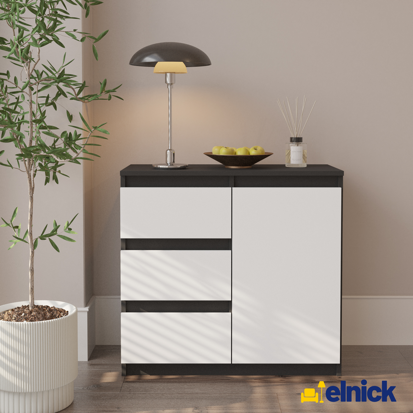 MIKEL - Kommode / Sideboard mit 3 Schubladen und 1 Tür - Anthrazit Grau / Weiß Matt