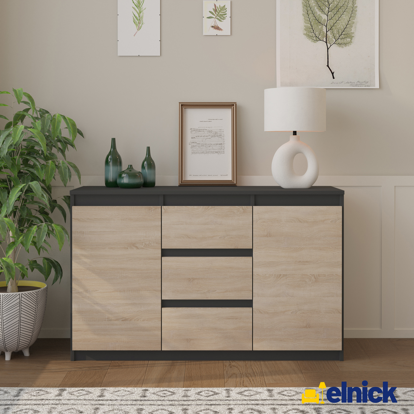 MIKEL - Kommode / Sideboard mit 3 Schubladen und 2 Türen - Anthrazit Grau / Sonoma Eiche
