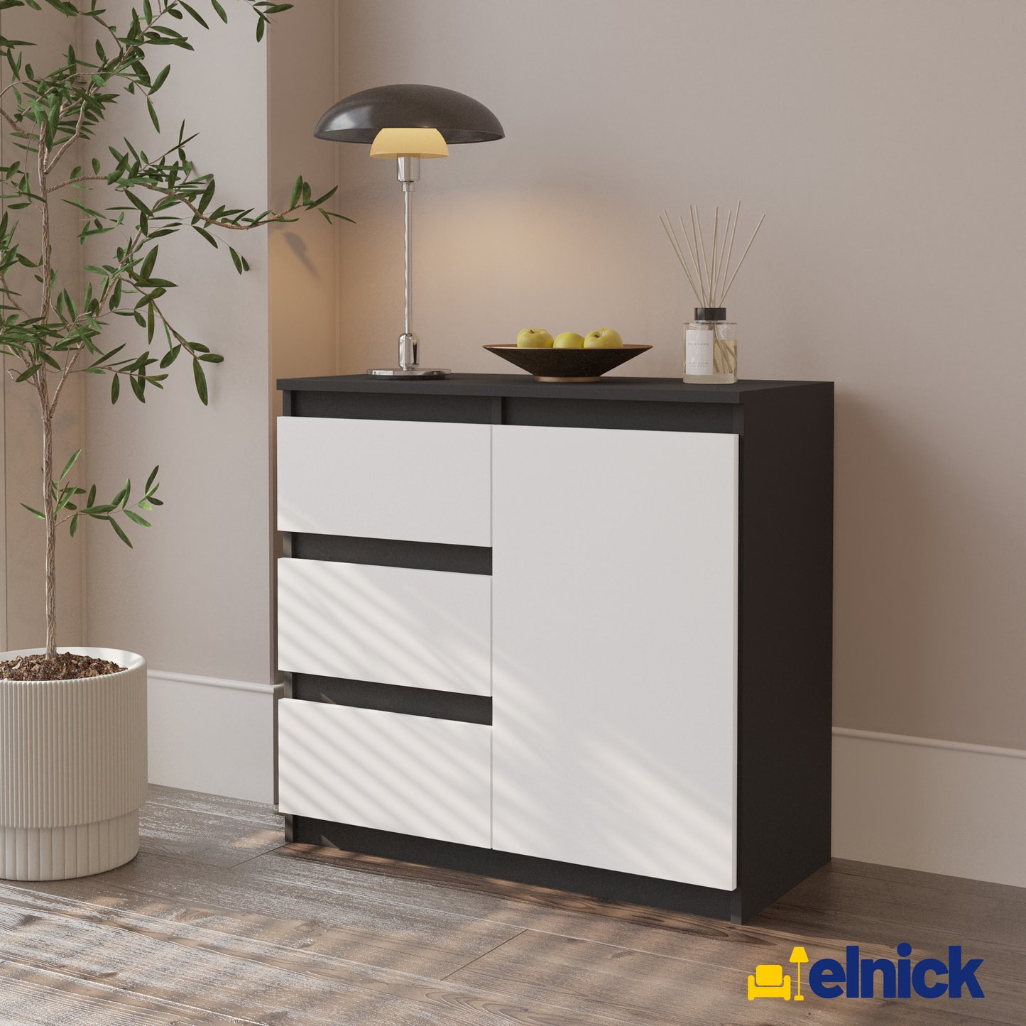 MIKEL - Kommode / Sideboard mit 3 Schubladen und 1 Tür - Anthrazit Grau / Weiß Matt