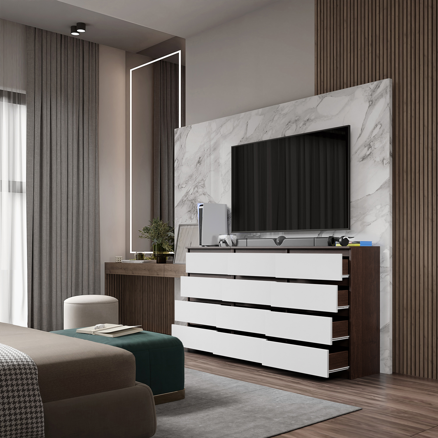 GABRIEL - Kommode / Sideboard mit 12 Schubladen (8+4) - Wenge / Weiß Matt