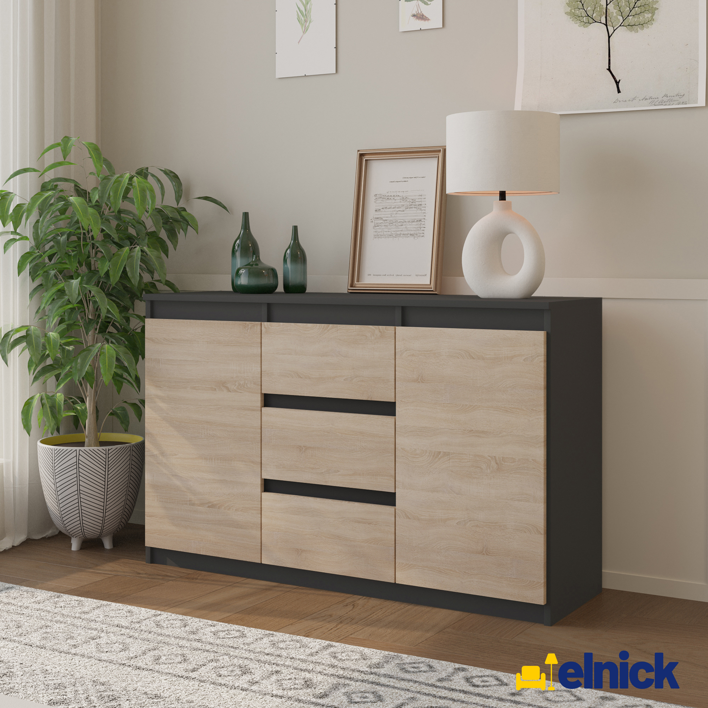 MIKEL - Kommode / Sideboard mit 3 Schubladen und 2 Türen - Anthrazit Grau / Sonoma Eiche