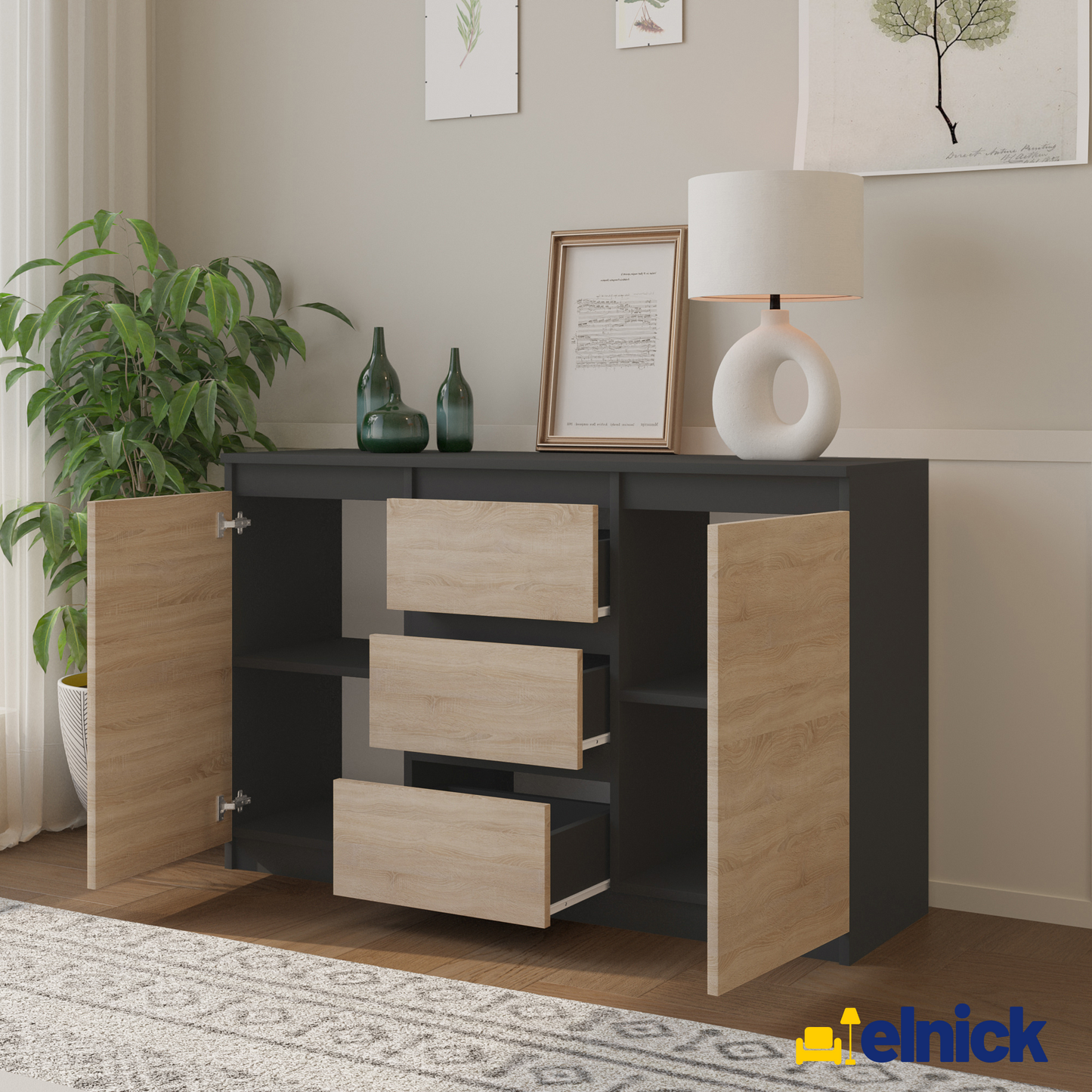 MIKEL - Kommode / Sideboard mit 3 Schubladen und 2 Türen - Anthrazit Grau / Sonoma Eiche