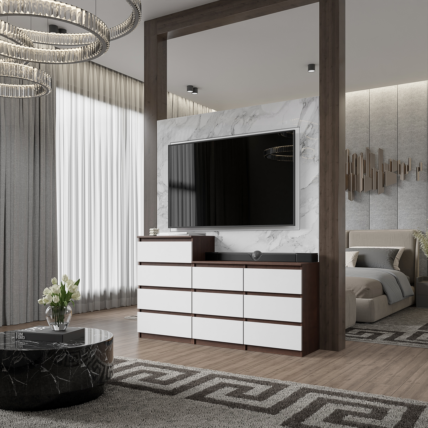 GABRIEL - Kommode / Sideboard mit 10 Schubladen (6+4) - Wenge / Weiß Matt