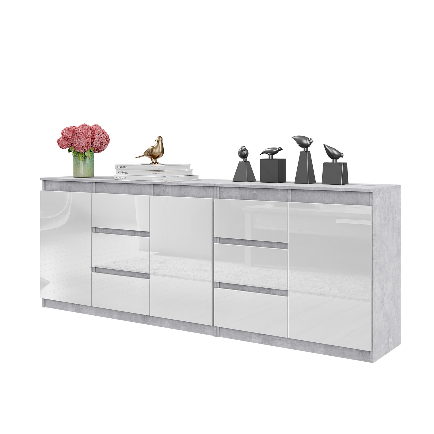 MIKEL - Kommode / Sideboard mit 6 Schubladen und 3 Türen - Beton-Optik / Weiß Gloss