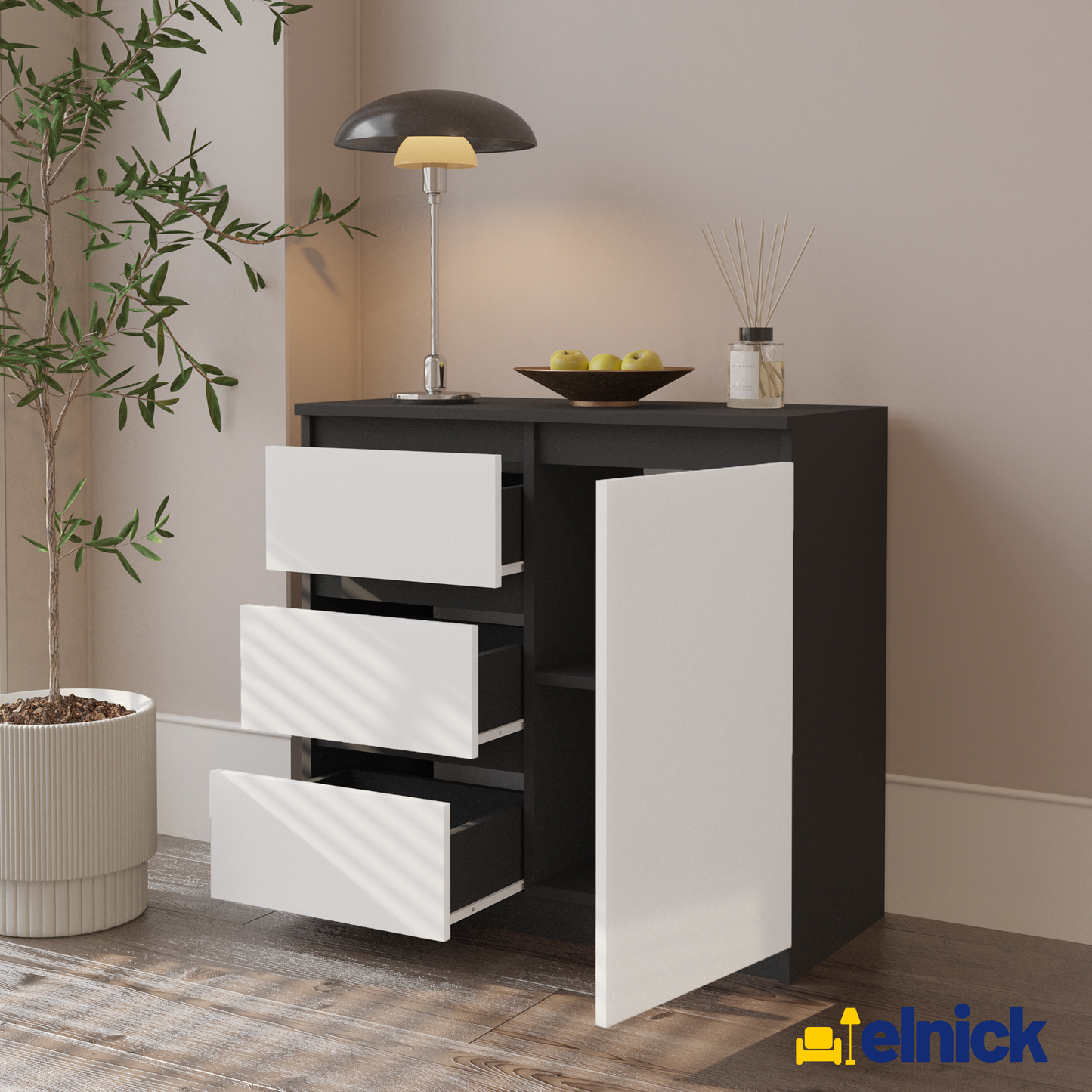 MIKEL - Kommode / Sideboard mit 3 Schubladen und 1 Tür - Anthrazit Grau / Weiß Matt