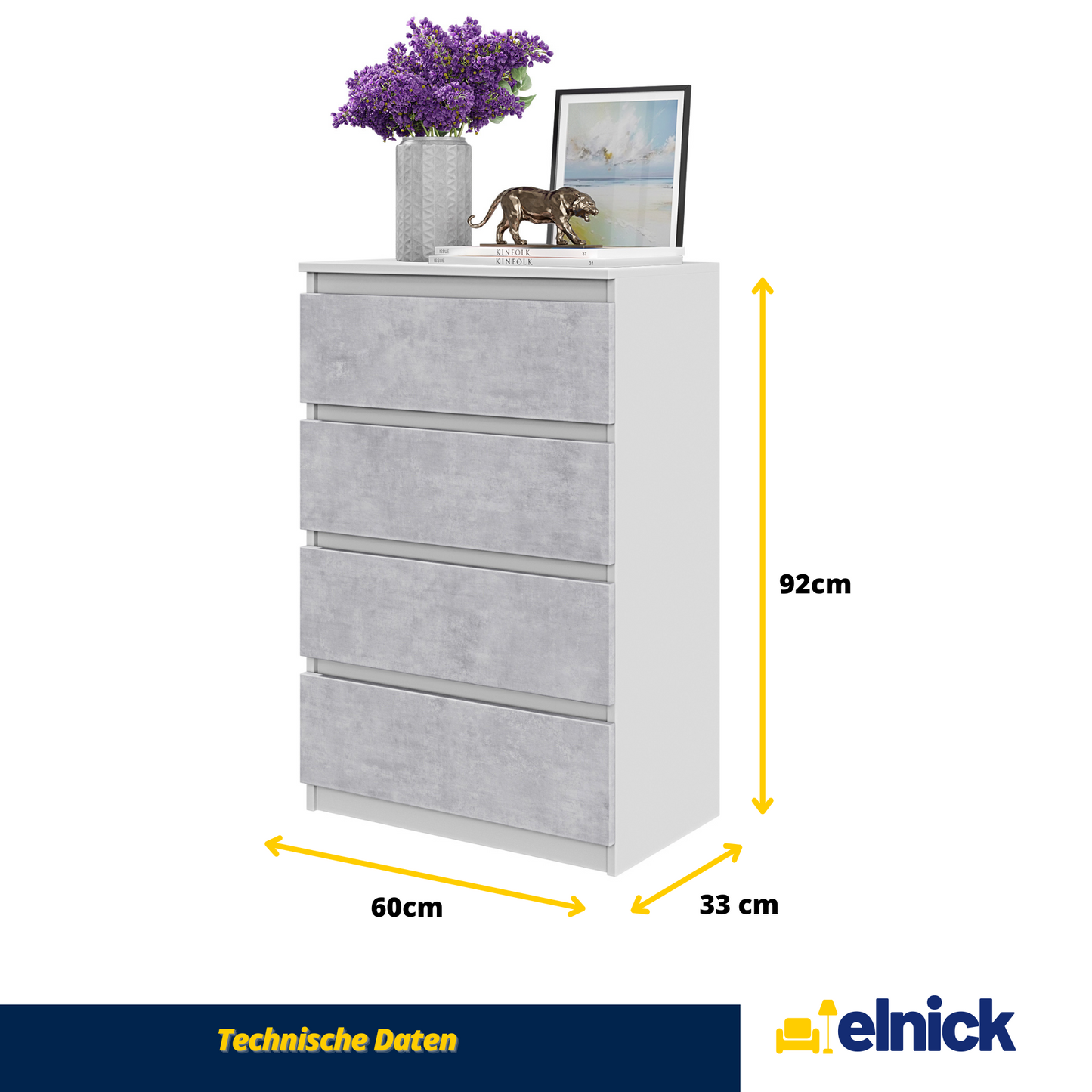 GABRIEL - Kommode / Sideboard mit 4 Schubladen - Weiß Matt / Concrete H92cm B60cm T33cm