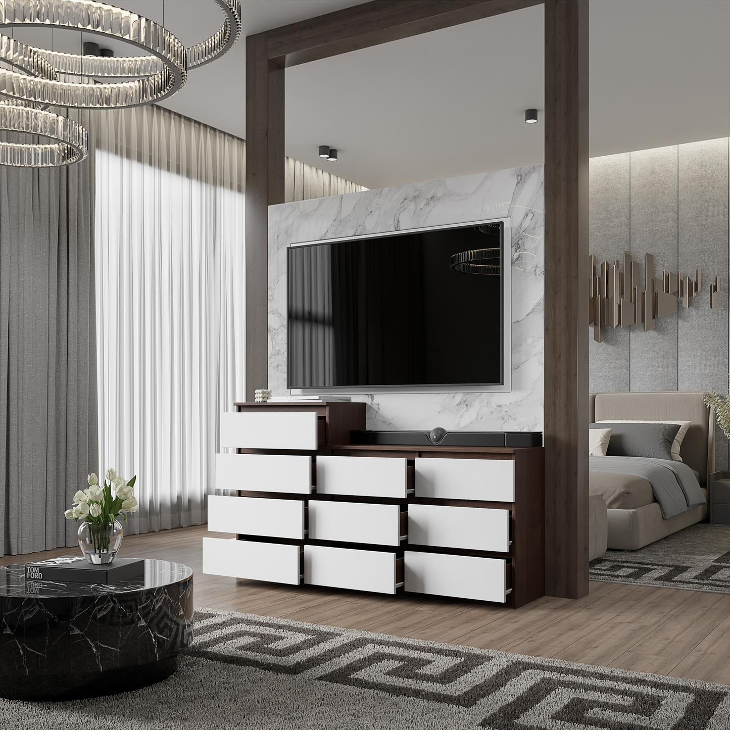 GABRIEL - Kommode / Sideboard mit 10 Schubladen (6+4) - Wenge / Weiß Matt