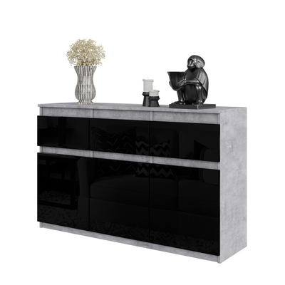 NOAH - Kommode / Sideboard mit 3 Schubladen und 3 Türen - Beton-Optik / Schwarz Gloss