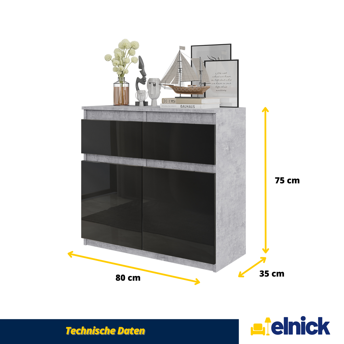 NOAH - Kommode / Sideboard mit 2 Schubladen und 2 Türen - Beton-Optik / Schwarz Gloss
