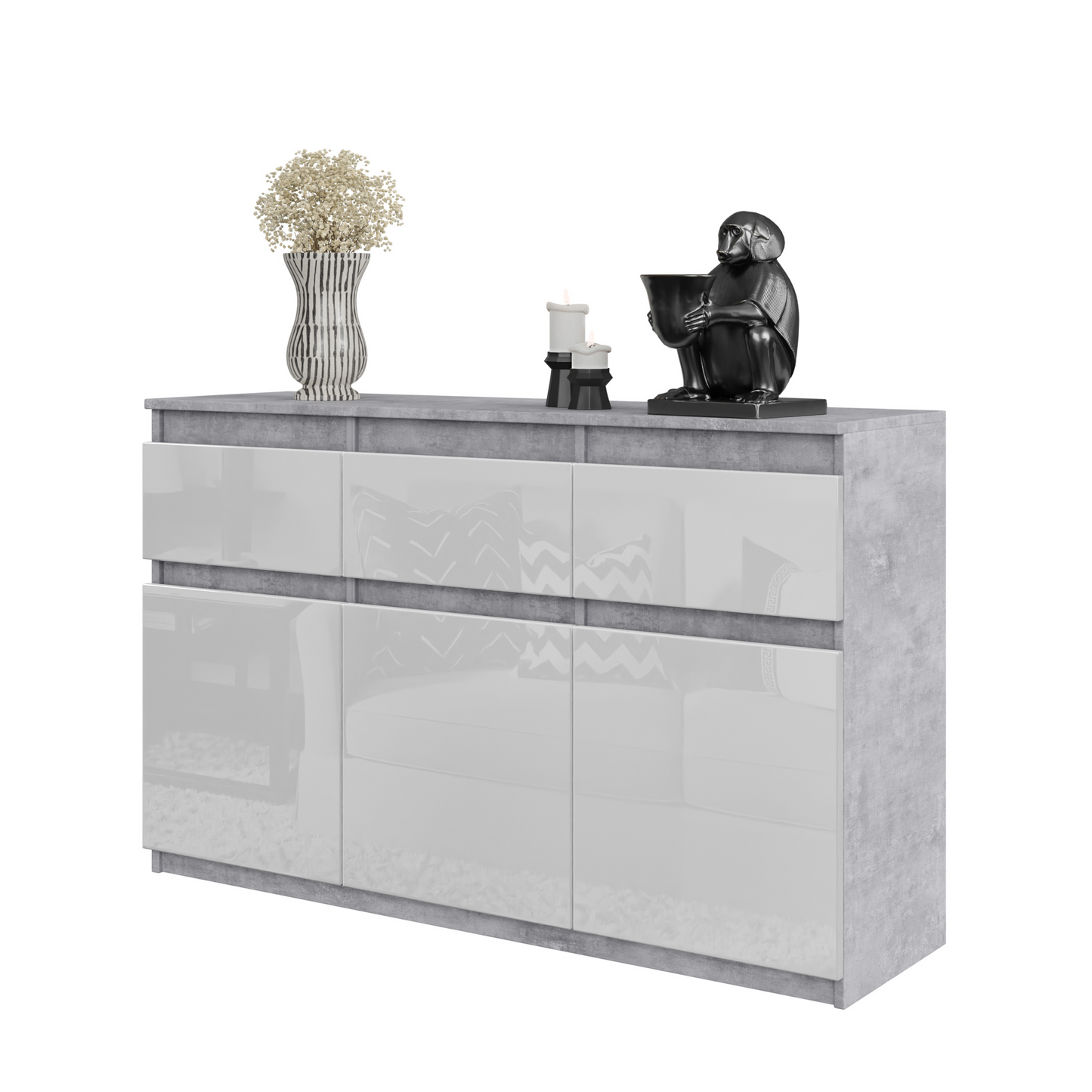 NOAH - Kommode / Sideboard mit 3 Schubladen und 3 Türen - Beton-Optik / Weiß Gloss