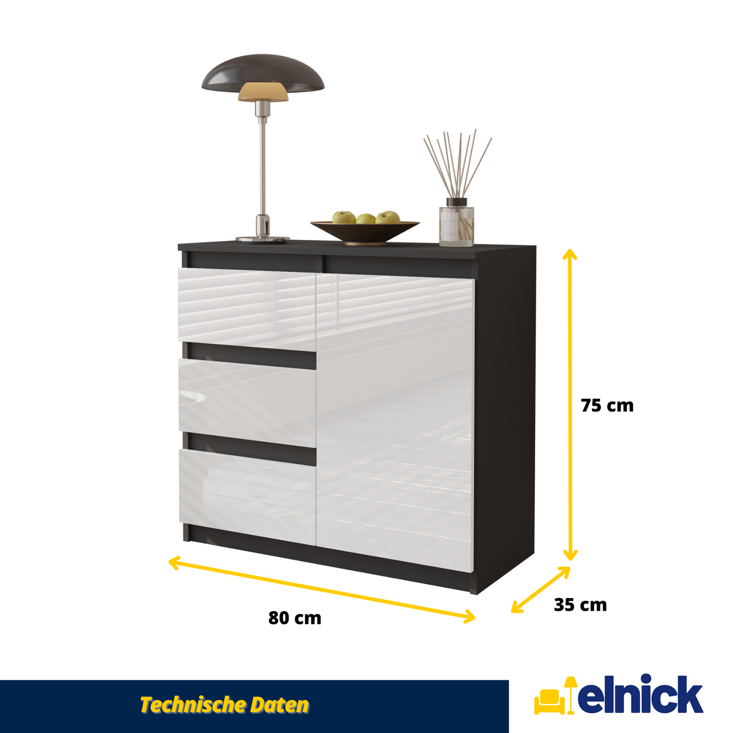 MIKEL - Kommode / Sideboard mit 3 Schubladen und 1 Tür - Anthrazit Grau / Weiß Gloss