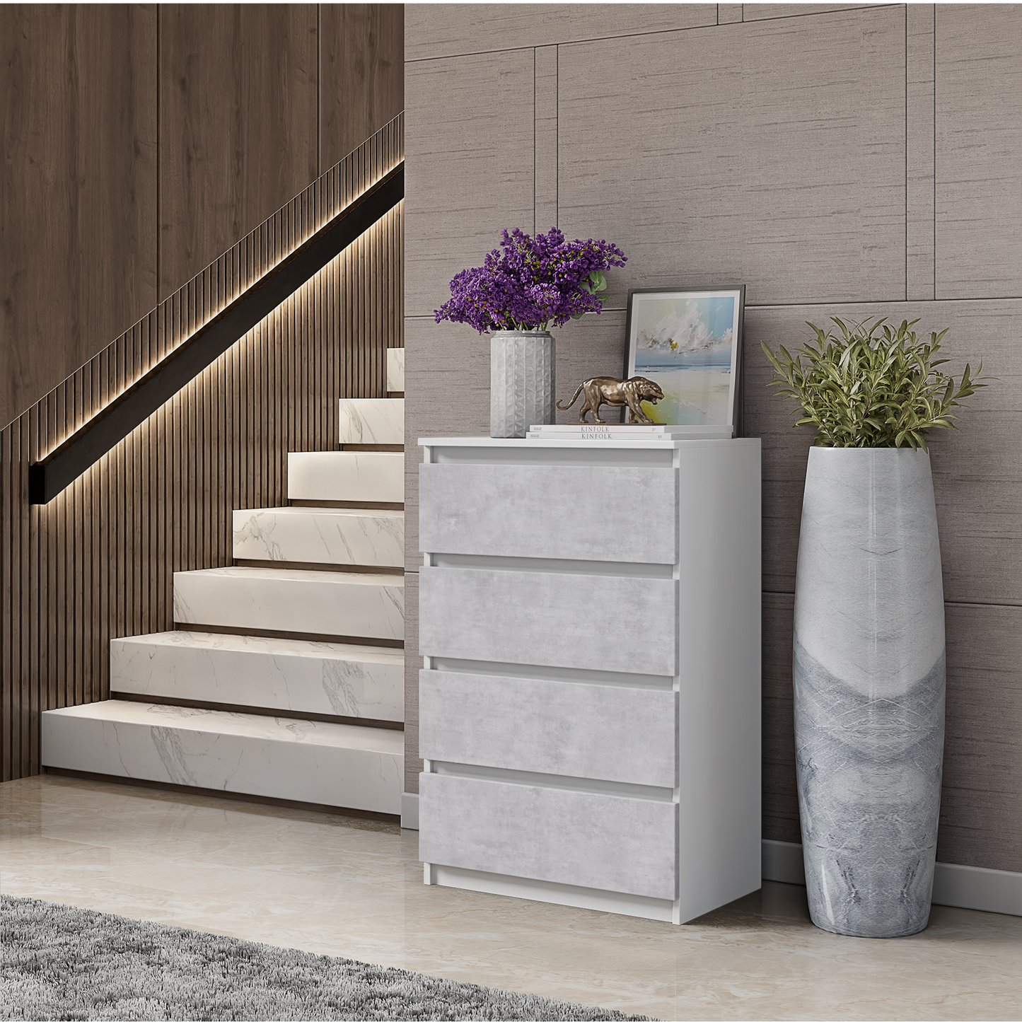 GABRIEL - Kommode / Sideboard mit 4 Schubladen - Weiß Matt / Concrete H92cm B60cm T33cm