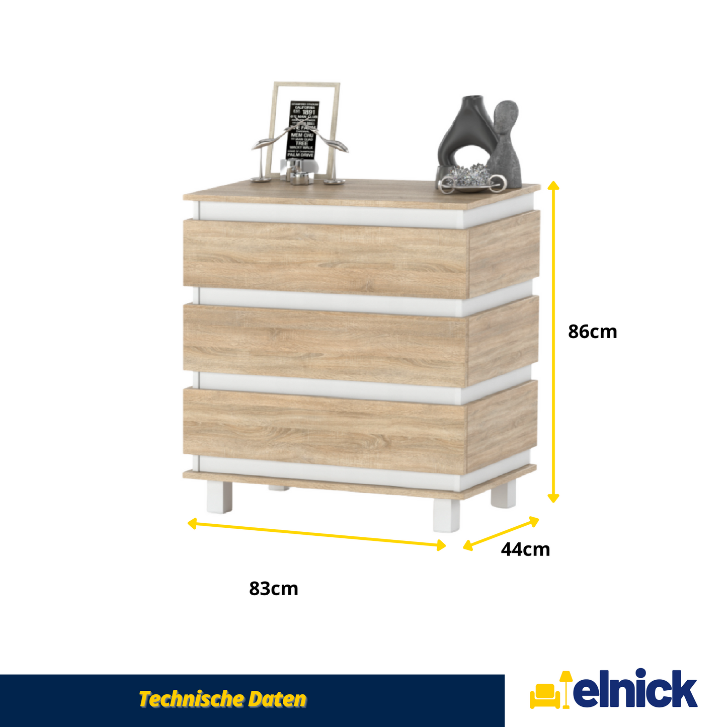 MARGARET - Kommode / Sideboard mit 3 Schubladen - Weiß Matt / Sonoma Eiche