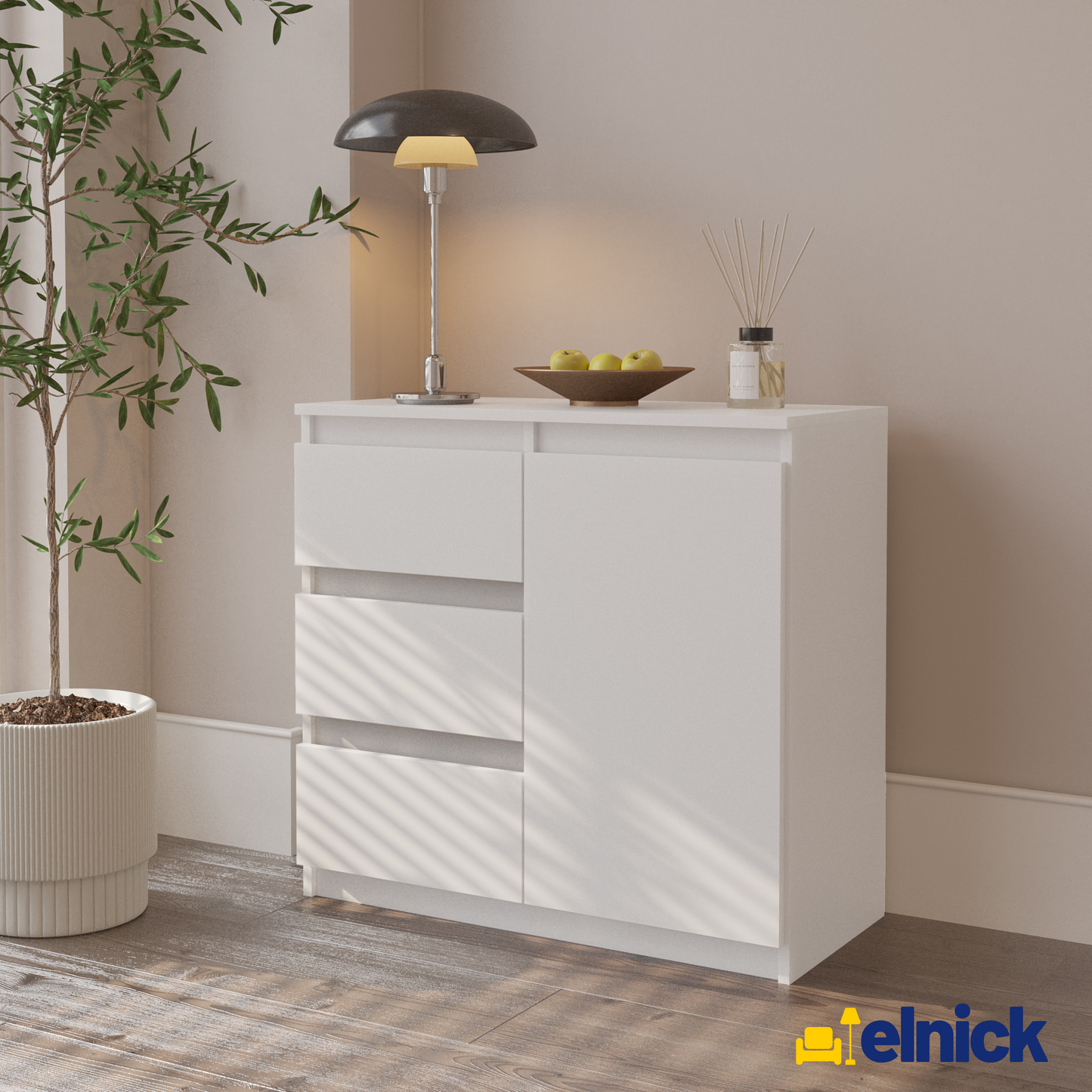 MIKEL - Kommode / Sideboard mit 3 Schubladen und 1 Tür - Weiß Matt
