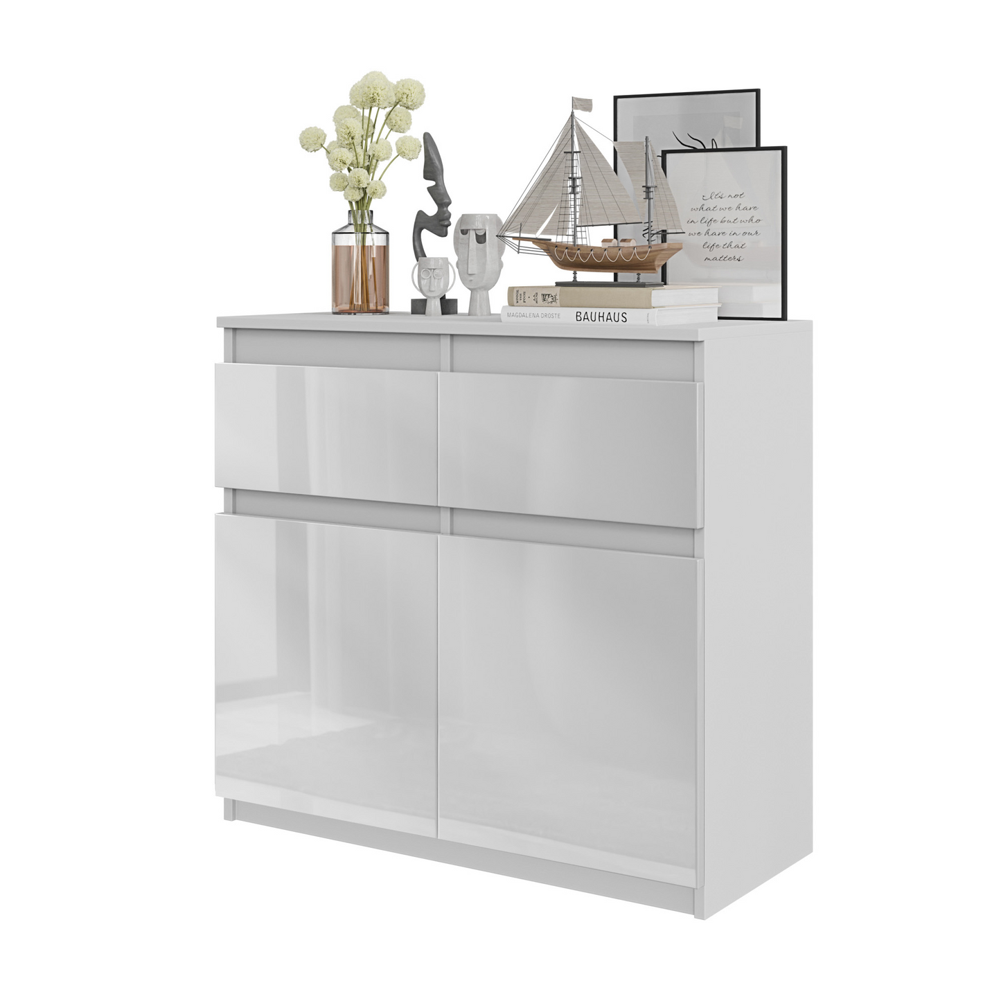 NOAH - Kommode / Sideboard mit 2 Schubladen und 2 Türen - Weiß Matt / Weiß Gloss