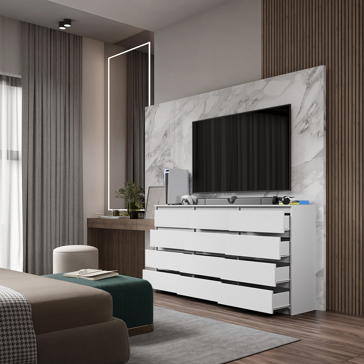 GABRIEL - Kommode / Sideboard mit 12 Schubladen (8+4) - Weiß Matt