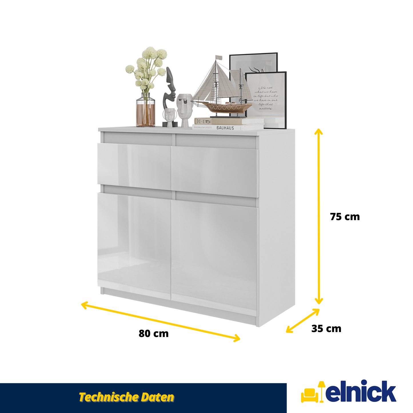 NOAH - Kommode / Sideboard mit 2 Schubladen und 2 Türen - Weiß Matt / Weiß Gloss