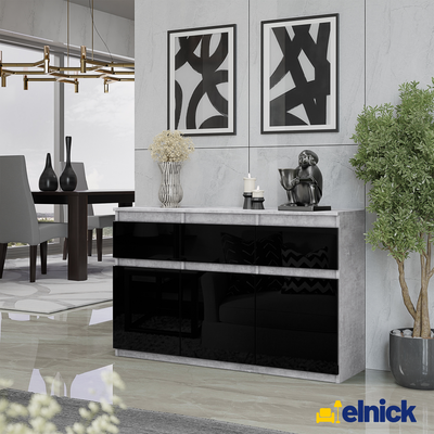 NOAH - Kommode / Sideboard mit 3 Schubladen und 3 Türen - Beton-Optik / Schwarz Gloss