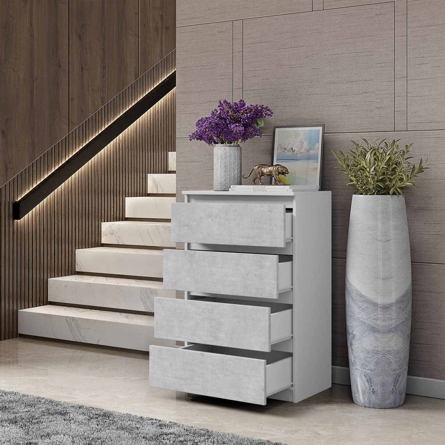 GABRIEL - Kommode / Sideboard mit 4 Schubladen - Weiß Matt / Concrete H92cm B60cm T33cm