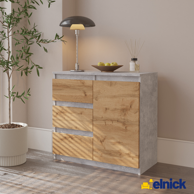 MIKEL - Kommode / Sideboard mit 3 Schubladen und 1 Tür - Beton-Optik / Wotan Eiche