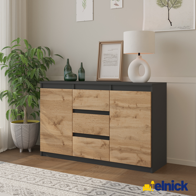 MIKEL - Kommode / Sideboard mit 3 Schubladen und 2 Türen - Anthrazit Grau / Wotan Eiche