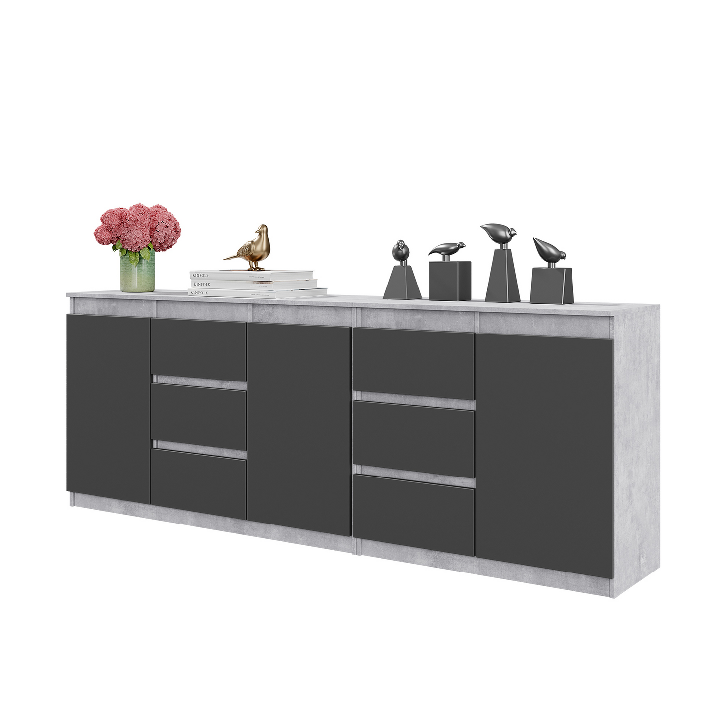 MIKEL - Kommode / Sideboard mit 6 Schubladen und 3 Türen - Beton-Optik / Anthrazit Grau