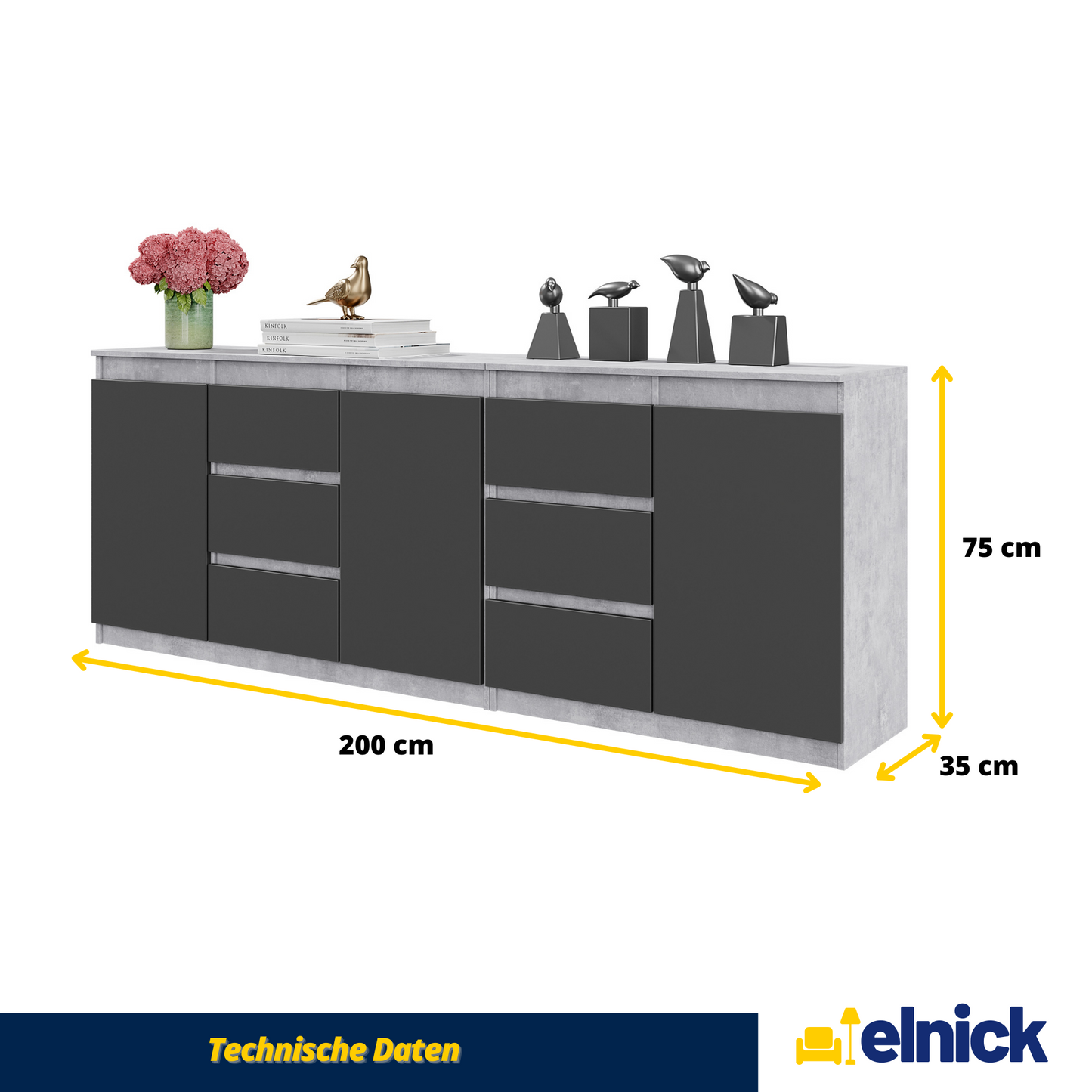 MIKEL - Kommode / Sideboard mit 6 Schubladen und 3 Türen - Beton-Optik / Anthrazit Grau