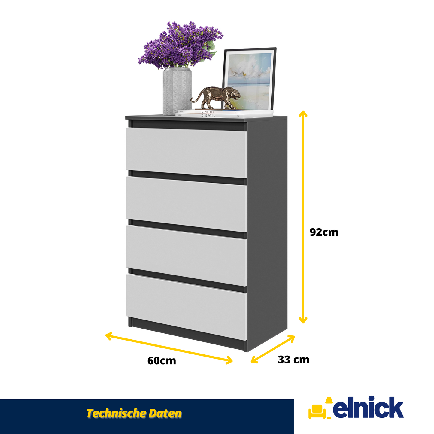 GABRIEL - Kommode / Sideboard mit 4 Schubladen - Anthrazit / Weiß Matt H92cm B60cm T33cm