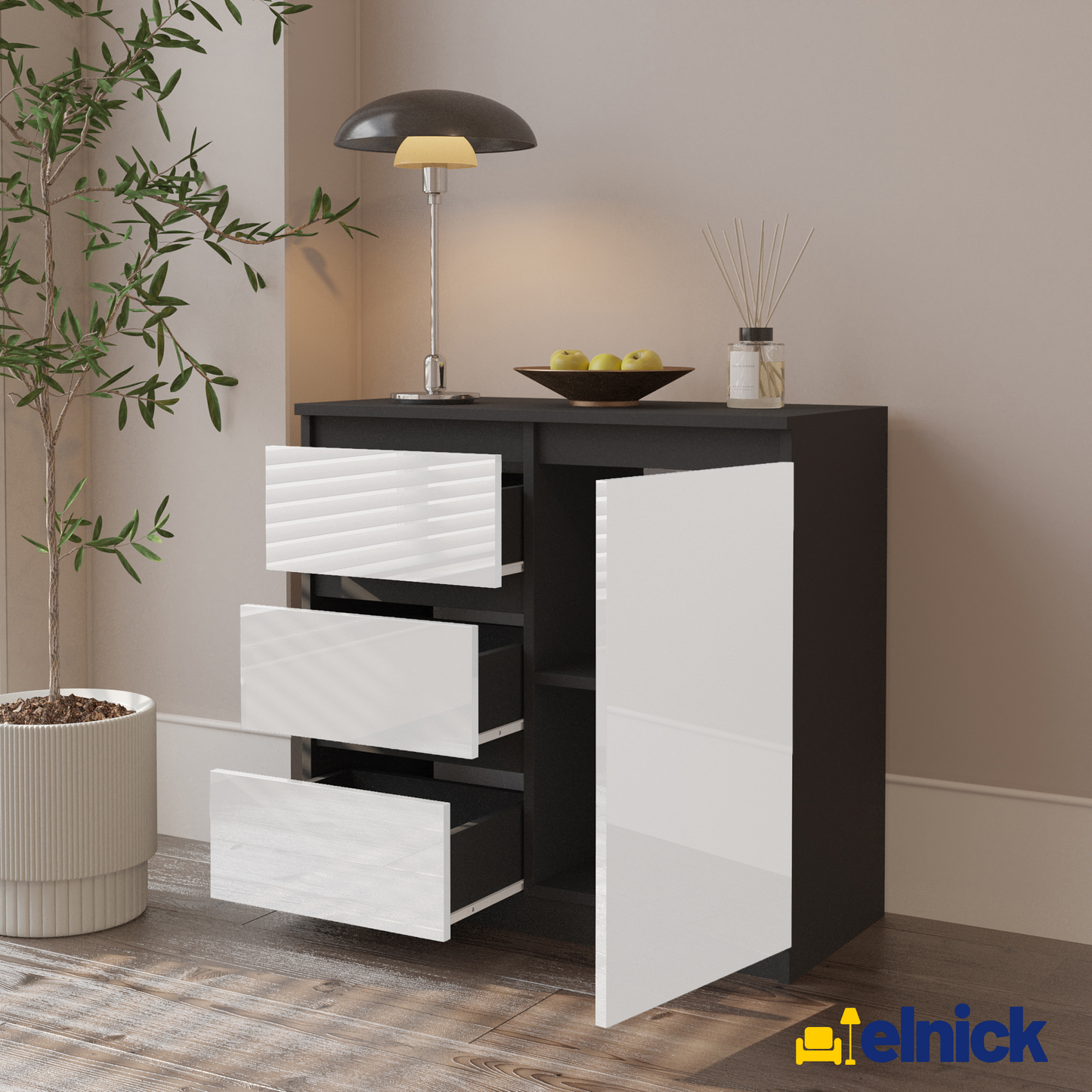 MIKEL - Kommode / Sideboard mit 3 Schubladen und 1 Tür - Anthrazit Grau / Weiß Gloss