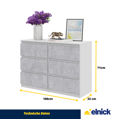 GABRIEL - Kommode / Sideboard mit 6 Schubladen - Weiß Matt / Concrete H71cm B100cm T33cm