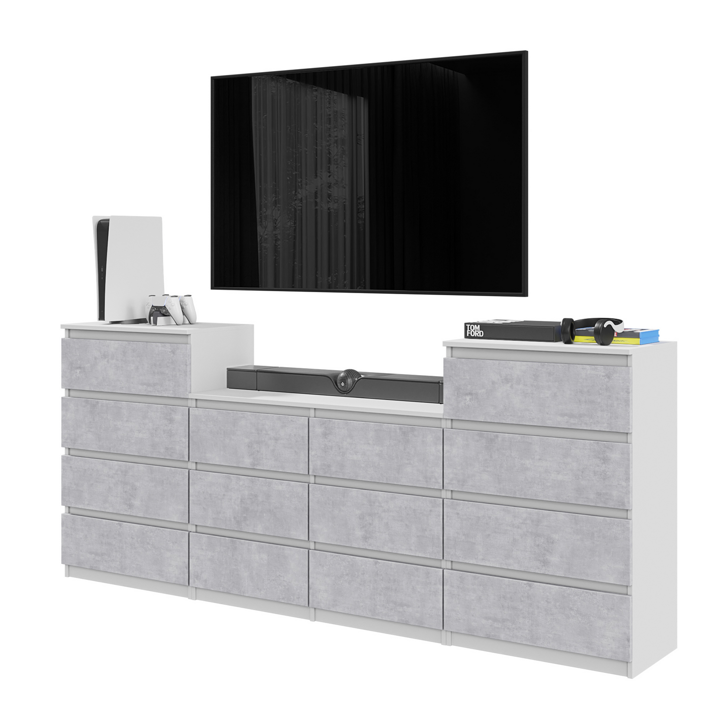 GABRIEL - Kommode / Sideboard mit 14 Schubladen (4+6+4) - Weiß Matt / Beton-Optik
