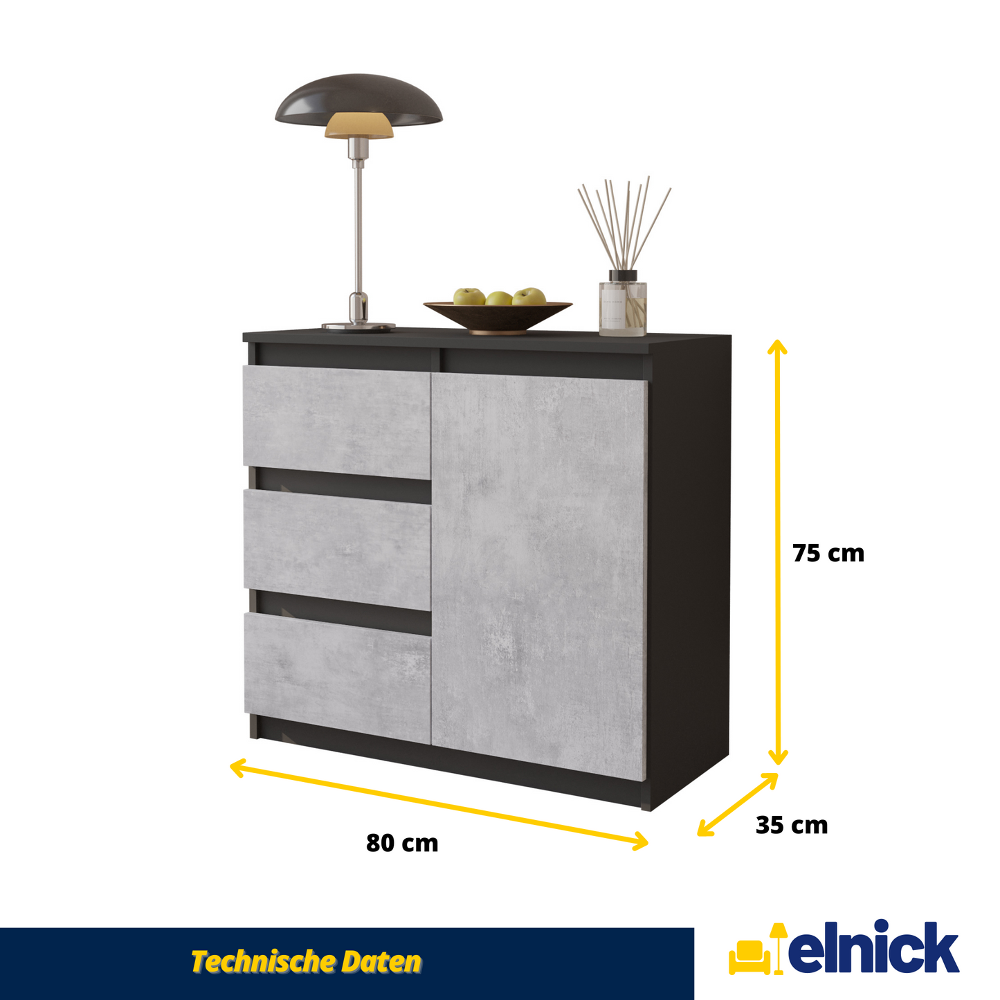 MIKEL - Kommode / Sideboard mit 3 Schubladen und 1 Tür - Anthrazit Grau / Beton-Optik