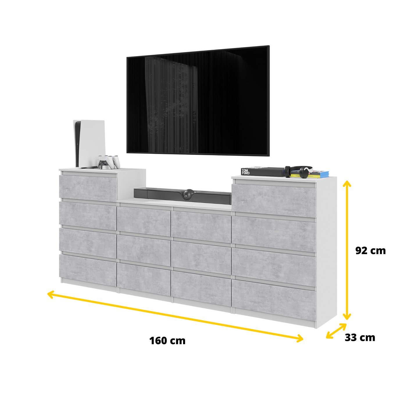 GABRIEL - Kommode / Sideboard mit 14 Schubladen (4+6+4) - Weiß Matt / Beton-Optik