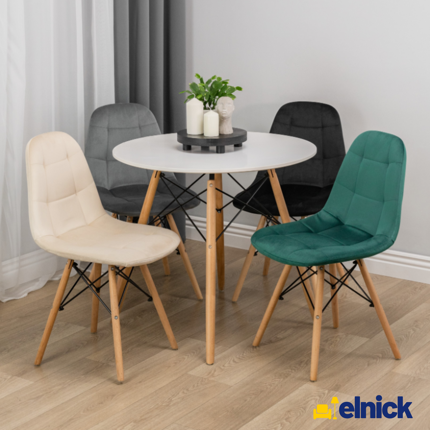 FABRIZIO - Esszimmer-/Bürostuhl aus gestepptem Velourssamt mit Holzbeinen - Beige