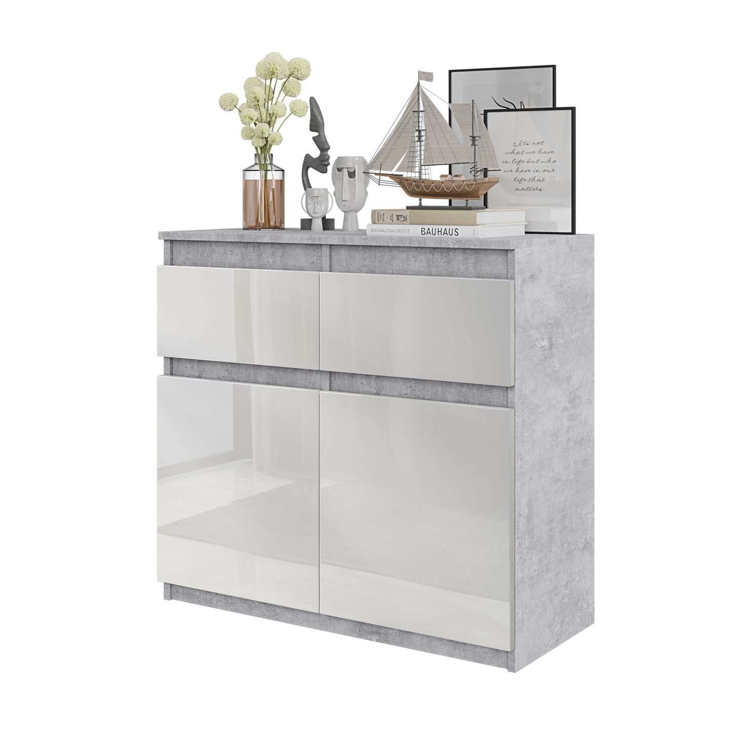 NOAH - Kommode / Sideboard mit 2 Schubladen und 2 Türen - Beton-Optik / Weiß Gloss