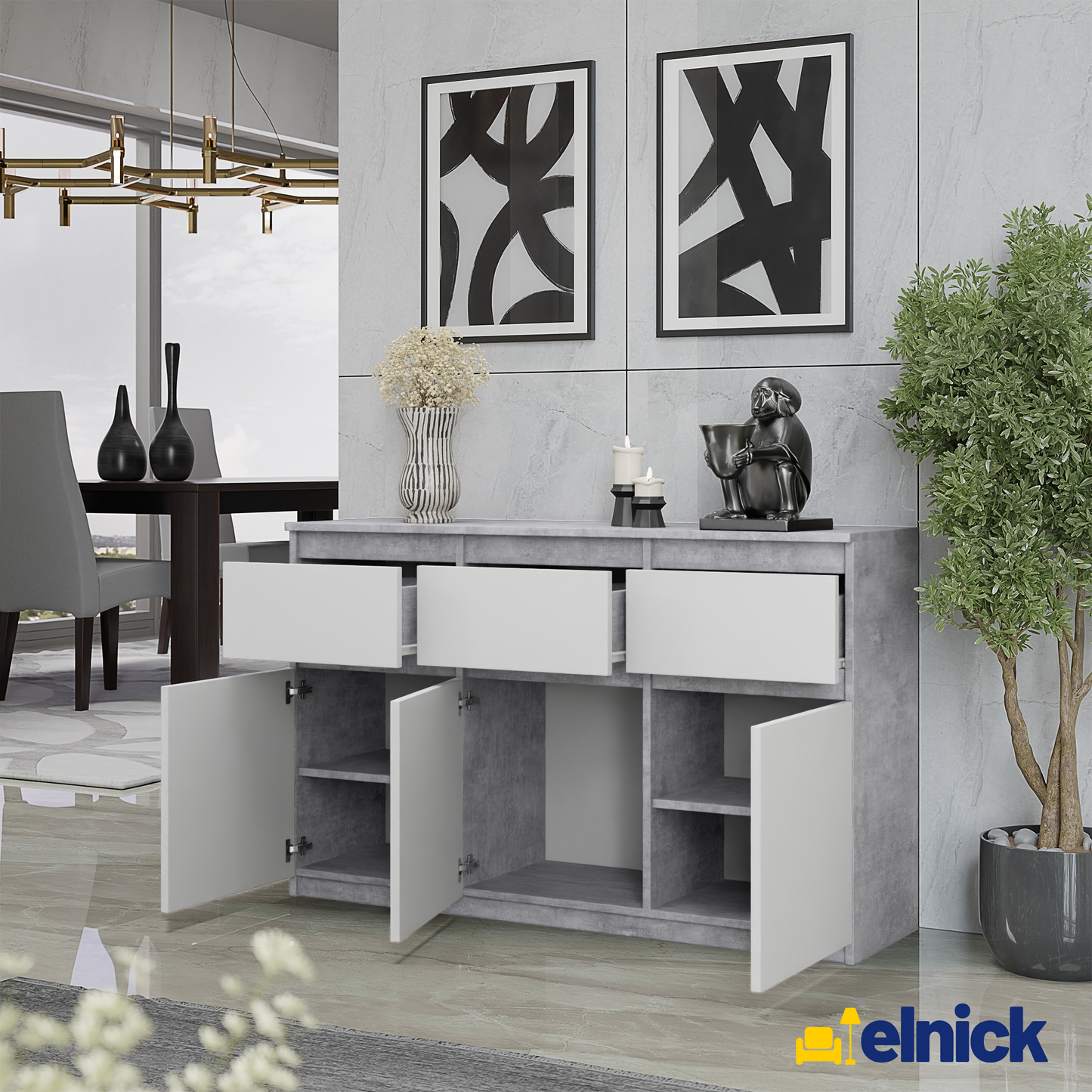 NOAH - Kommode / Sideboard mit 3 Schubladen und 3 Türen - Beton-Optik / Weiß Matt