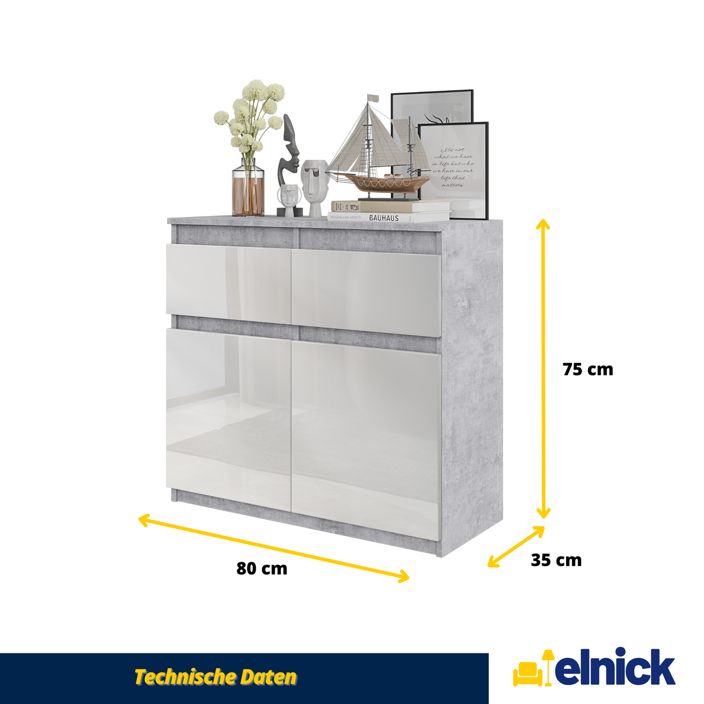 NOAH - Kommode / Sideboard mit 2 Schubladen und 2 Türen - Beton-Optik / Weiß Gloss