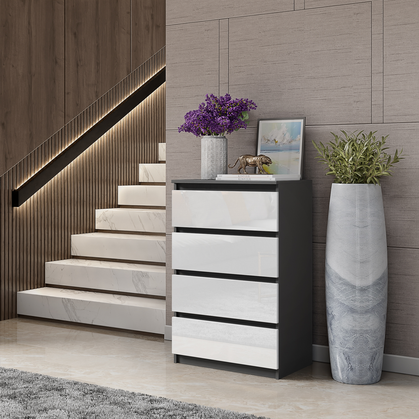 GABRIEL - Kommode / Sideboard mit 4 Schubladen - Anthrazit / Weiß Glanz H92cm B60cm T33cm