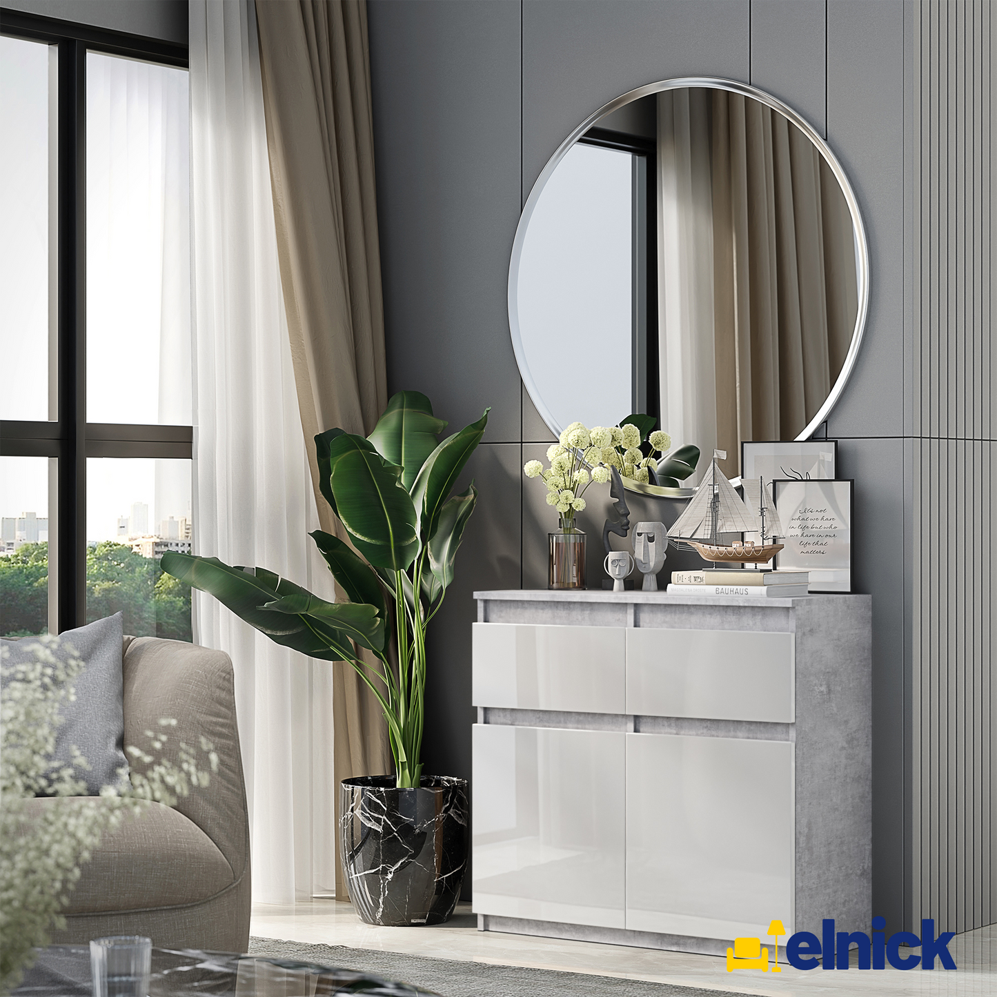 NOAH - Kommode / Sideboard mit 2 Schubladen und 2 Türen - Beton-Optik / Weiß Gloss