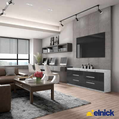 MIKEL - Kommode / Sideboard mit 6 Schubladen und 3 Türen - Beton-Optik / Schwarz Gloss