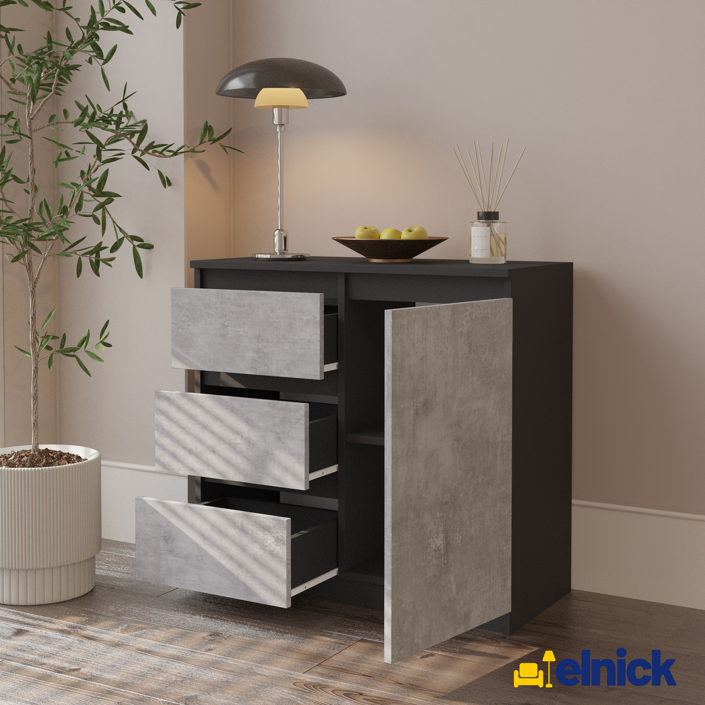 MIKEL - Kommode / Sideboard mit 3 Schubladen und 1 Tür - Anthrazit Grau / Beton-Optik